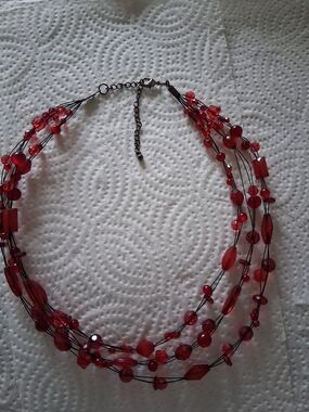Multi-Strand Red Beaded Necklace - Unbranded